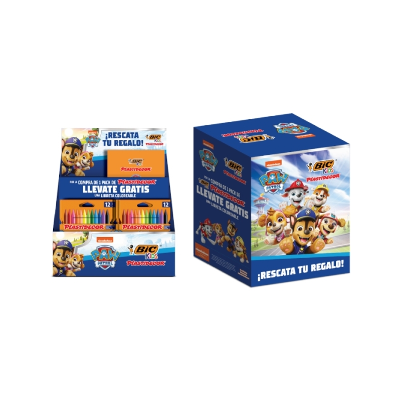 Présentoir Bic Kids Plastidecor Pat'Patrouille avec 24 paquets de 12 crayons de cire + 24 livres de coloriage Pat'Patrouille gra