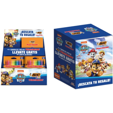 Présentoir Bic Kids Plastidecor Pat'Patrouille avec 24 paquets de 12 crayons de cire + 24 livres de coloriage Pat'Patrouille gra