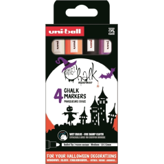 Lot de 4 marqueurs à craie liquide Uni-ball Chalk Colors Halloween - Pointe conique 1,8-2,5 mm - Effaçable à l'eau - Résistant à