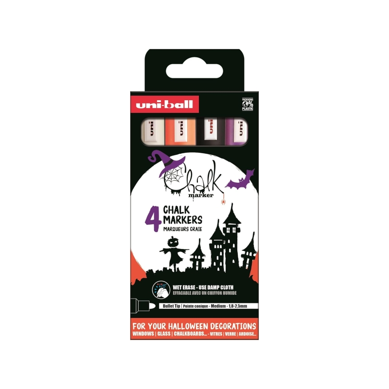 Lot de 4 marqueurs à craie liquide Uni-ball Chalk Colors Halloween - Pointe conique 1,8-2,5 mm - Effaçable à l'eau - Résistant à