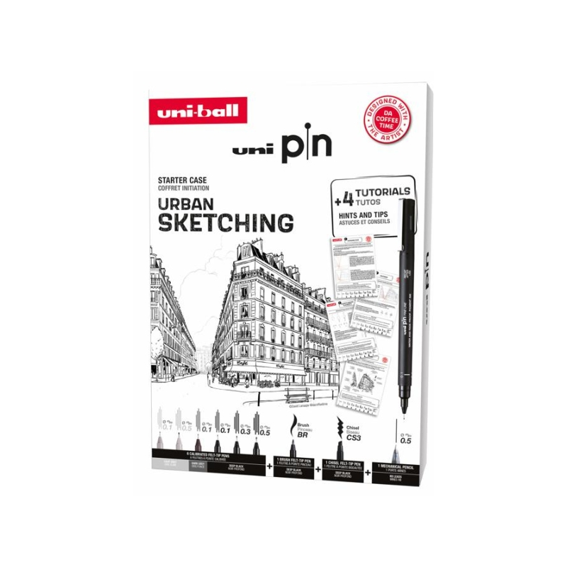 Pack Uni-ball Uni Pin Urban Sketching de 8 marqueurs calibrés 0.1, 0.3, 0.5, Brush et CS3 + 1 porte-mine Shalaku S + 4 tutoriels