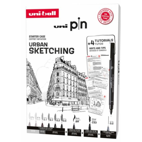 Pack Uni-ball Uni Pin Urban Sketching de 8 marqueurs calibrés 0.1, 0.3, 0.5, Brush et CS3 + 1 porte-mine Shalaku S + 4 tutoriels