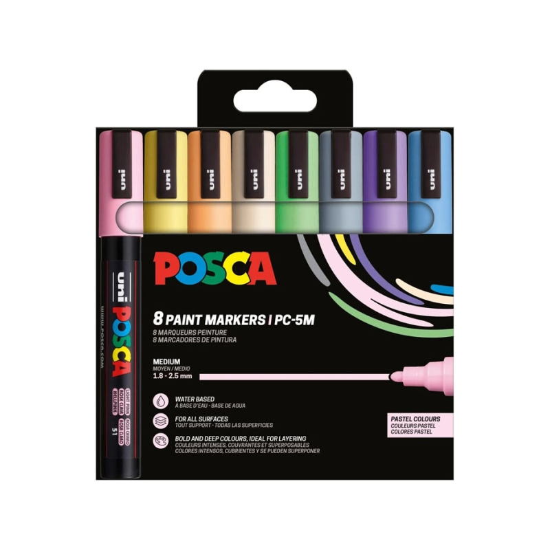 Lot de 8 marqueurs peinture Posca PC-5M/8C - Pointe ogive 1,8-2,5 mm - Encre à base d'eau - Résistante à la lumière - Non perman