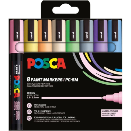 Lot de 8 marqueurs peinture Posca PC-5M/8C - Pointe ogive 1,8-2,5 mm - Encre à base d'eau - Résistante à la lumière - Non perman