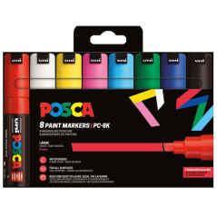 Lot de 8 marqueurs peinture Posca PC-8K/8C - Pointe biseautée 8 mm - Encre à base d'eau - Résistant à la lumière - Couleurs asso