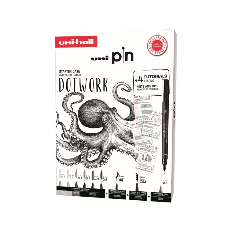 Pack Uni-ball Uni Pin Dotwork de 8 marqueurs calibrés 0,1, 0,3, 0,5, pinceau et CS3 + 1 porte-mine Shalaku S + 4 tutoriels + con