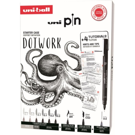 Pack Uni-ball Uni Pin Dotwork de 8 marqueurs calibrés 0,1, 0,3, 0,5, pinceau et CS3 + 1 porte-mine Shalaku S + 4 tutoriels + con