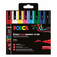 Lot de 8 marqueurs peinture Posca PC-5BR - Pointe pinceau 1-4 mm - Encre à base d'eau - Résistant à la lumière - Non permanent -