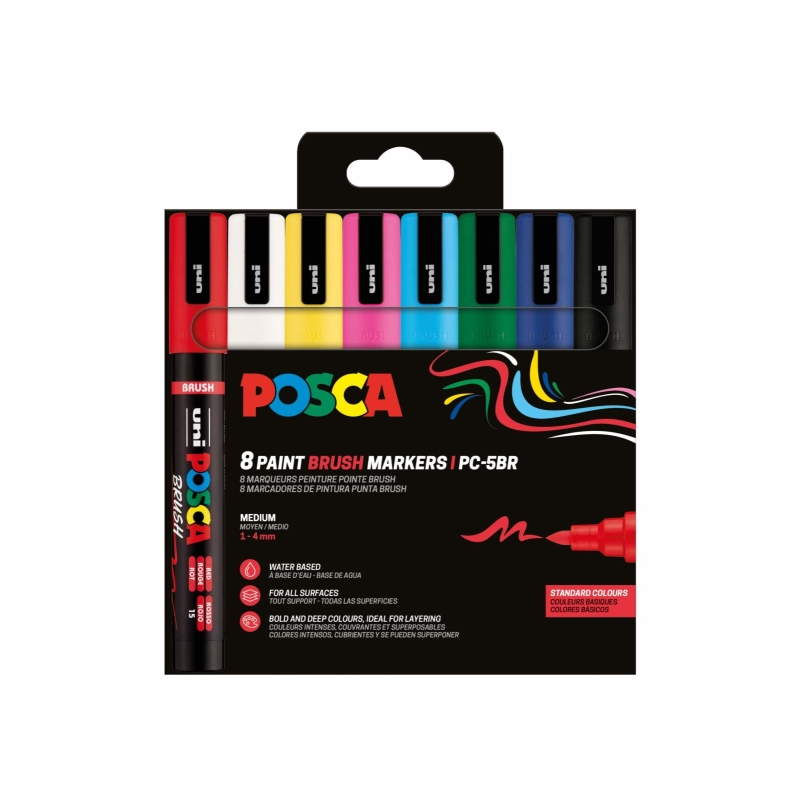 Lot de 8 marqueurs peinture Posca PC-5BR - Pointe pinceau 1-4 mm - Encre à base d'eau - Résistant à la lumière - Non permanent -