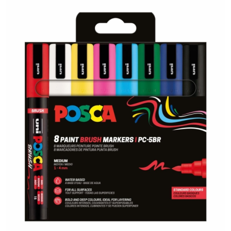 Lot de 8 marqueurs peinture Posca PC-5BR - Pointe pinceau 1-4 mm - Encre à base d'eau - Résistant à la lumière - Non permanent -
