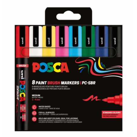 Lot de 8 marqueurs peinture Posca PC-5BR - Pointe pinceau 1-4 mm - Encre à base d'eau - Résistant à la lumière - Non permanent -
