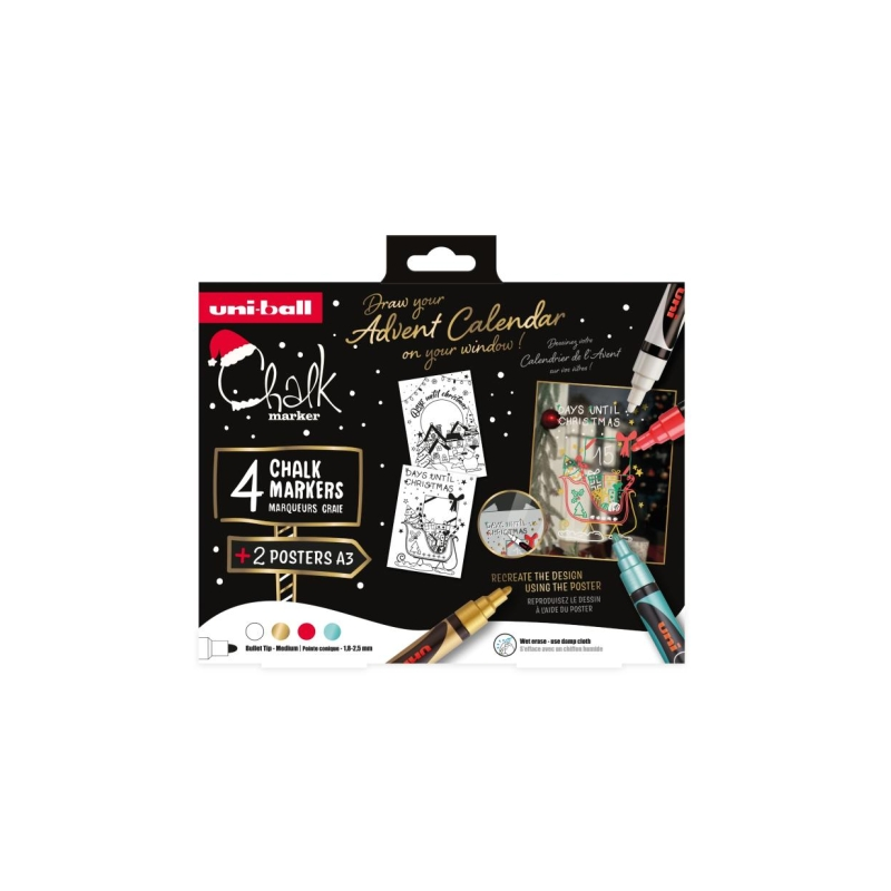 Lot de 4 marqueurs à craie liquide Uni-ball Chalk Colors Noël + affiches - Pointe conique 1,8-2,5 mm - Effaçable à l'eau - Résis