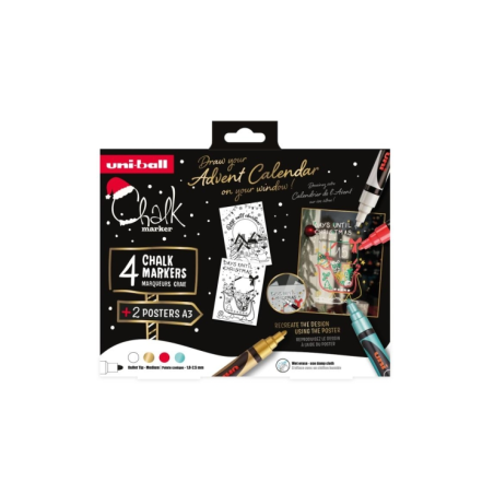 Lot de 4 marqueurs à craie liquide Uni-ball Chalk Colors Noël + affiches - Pointe conique 1,8-2,5 mm - Effaçable à l'eau - Résis