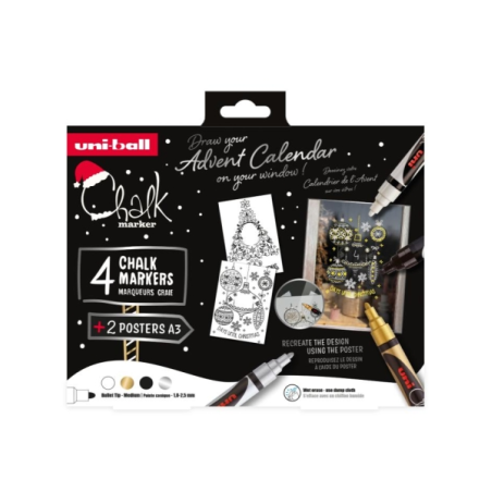 Lot de 4 marqueurs à craie liquide Uni-ball Chalk Scandinavian Colors + affiches - Pointe conique 1,8-2,5 mm - Effaçable à l'eau