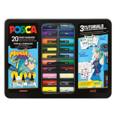 Coffret métal Posca Manga Hero avec 20 marqueurs peinture + 3 tutoriels - Couleurs et traits assortis - Pointe polyester - Encre