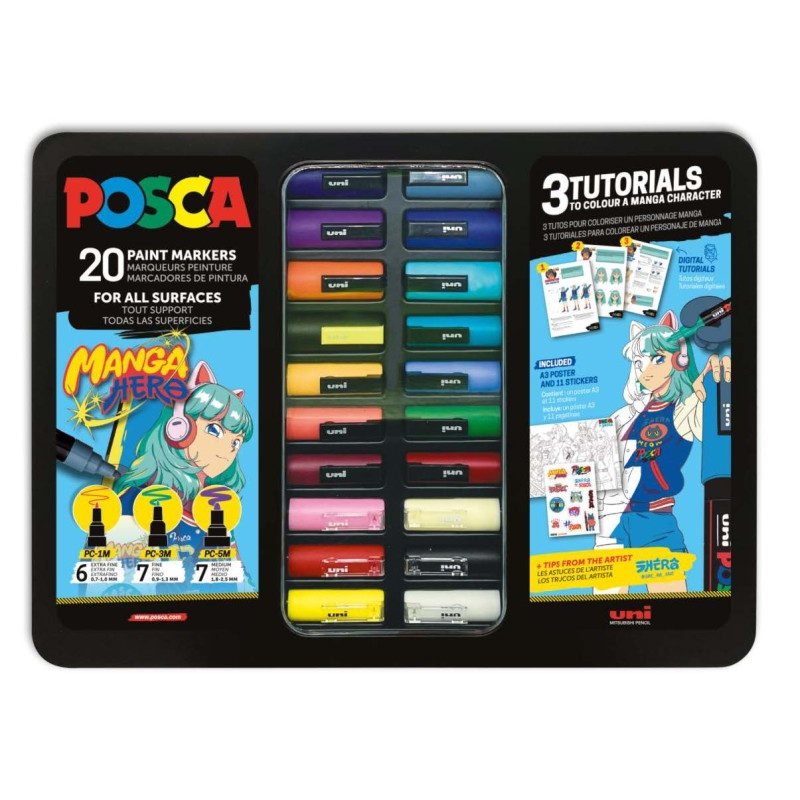 Coffret métal Posca Manga Hero avec 20 marqueurs peinture + 3 tutoriels - Couleurs et traits assortis - Pointe polyester - Encre