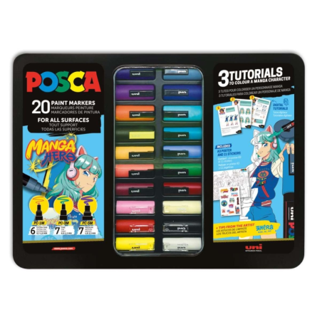 Coffret métal Posca Manga Hero avec 20 marqueurs peinture + 3 tutoriels - Couleurs et traits assortis - Pointe polyester - Encre