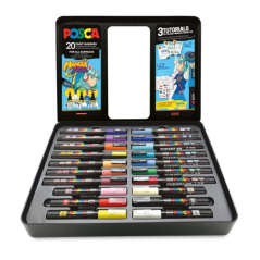 Coffret métal Posca Manga Hero avec 20 marqueurs peinture + 3 tutoriels - Couleurs et traits assortis - Pointe polyester - Encre