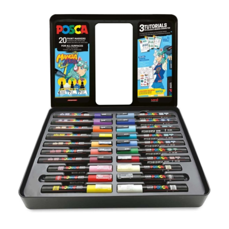 Coffret métal Posca Manga Hero avec 20 marqueurs peinture + 3 tutoriels - Couleurs et traits assortis - Pointe polyester - Encre