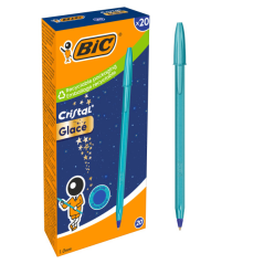 LOT de 20 Stylo bille Bic Cristal Glace - Corps opaque bleu métallisé mat - Pointe ronde de 1 mm - Largeur de trait de 0,4 mm -