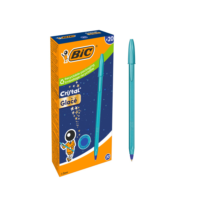 LOT de 20 Stylo bille Bic Cristal Glace - Corps opaque bleu métallisé mat - Pointe ronde de 1 mm - Largeur de trait de 0,4 mm -