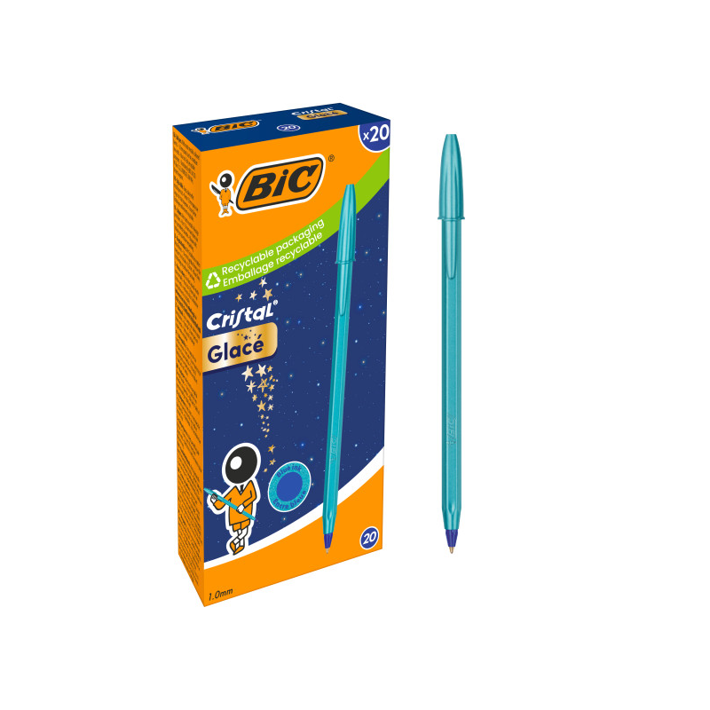 LOT de 20 Stylo bille Bic Cristal Glace - Corps opaque bleu métallisé mat - Pointe ronde de 1 mm - Largeur de trait de 0,4 mm -