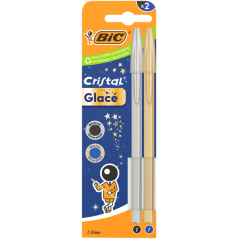 Lot de 2 stylos à bille Bic Cristal Glace - Corps opaque aux couleurs métallisées mates - Pointe ronde de 1 mm - Largeur de trai
