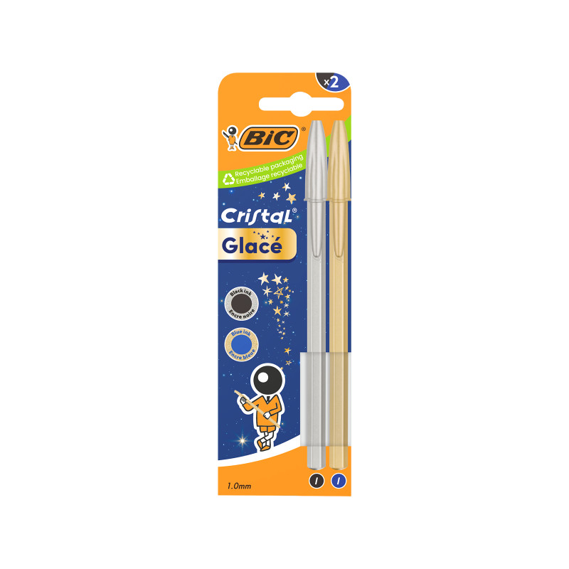 Lot de 2 stylos à bille Bic Cristal Glace - Corps opaque aux couleurs métallisées mates - Pointe ronde de 1 mm - Largeur de trai
