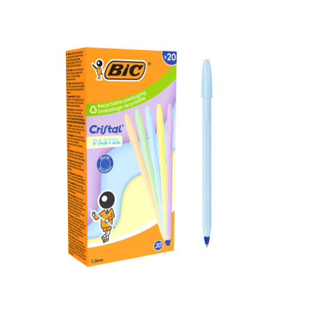 LOT de 20 Stylo bille Bic Cristal Pastel - Corps opaque pastel - Pointe ronde de 1 mm - Largeur de trait de 0,4 mm - Encre à bas