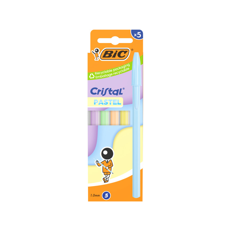 Lot de 5 stylos à bille Bic Cristal Pastel - Corps opaque couleur pastel - Pointe ronde de 1 mm - Largeur de trait de 0,4 mm - E