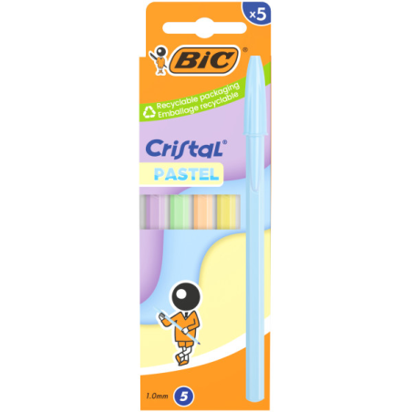 Lot de 5 stylos à bille Bic Cristal Pastel - Corps opaque couleur pastel - Pointe ronde de 1 mm - Largeur de trait de 0,4 mm - E