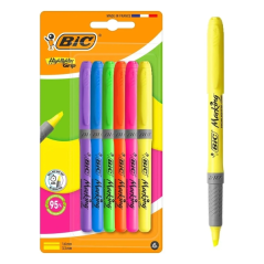 Lot de 6 surligneurs fluorescents Bic à pointe biseautée - Largeur de trait de 1,60 à 3,30 mm - Prise en main texturée - Couleur