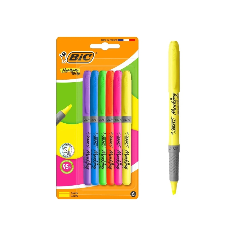 Lot de 6 surligneurs fluorescents Bic à pointe biseautée - Largeur de trait de 1,60 à 3,30 mm - Prise en main texturée - Couleur