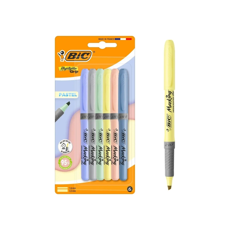 Lot de 6 surligneurs Bic Grip Pastel aux couleurs pastel fluorescentes - Pointe biseautée - Largeur de trait entre 1,60 et 3,30