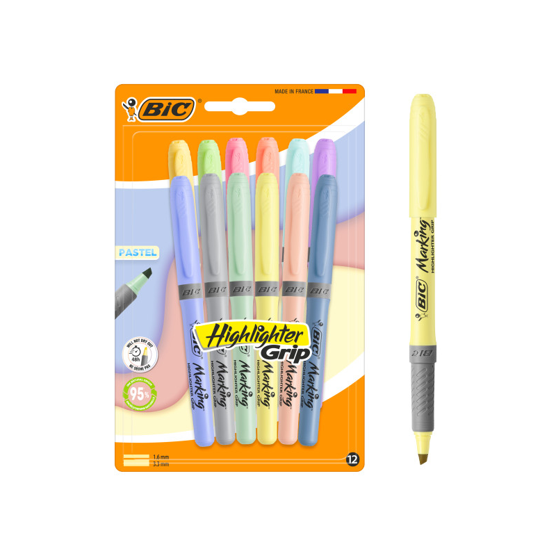 Lot de 12 marqueurs fluorescents pastel Bic Highlighter Grip Pastel - Pointe biseautée - Largeur de trait entre 1,60 et 3,30 mm