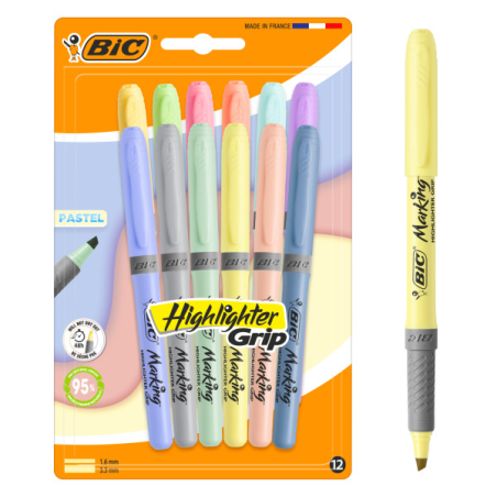 Lot de 12 marqueurs fluorescents pastel Bic Highlighter Grip Pastel - Pointe biseautée - Largeur de trait entre 1,60 et 3,30 mm