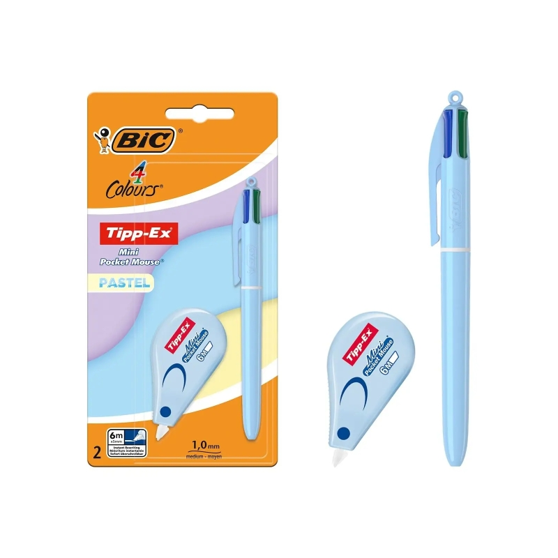 Coffret Bic Pastel 4 Couleurs avec 1 stylo bille rétractable en 4 couleurs + correcteur liquide Tipp-Ex Mini Pocket Mouse Pastel