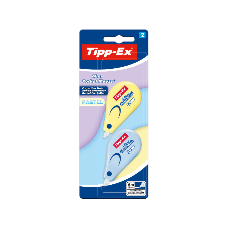 Lot de mini-correcteurs Tipp-Ex Pocket Mouse Pastel avec 2 rubans correcteurs 5 mm x 6 m - Résistants - Écriture instantanée