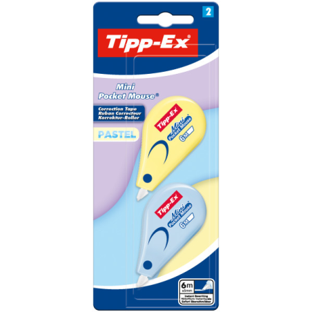 Lot de mini-correcteurs Tipp-Ex Pocket Mouse Pastel avec 2 rubans correcteurs 5 mm x 6 m - Résistants - Écriture instantanée