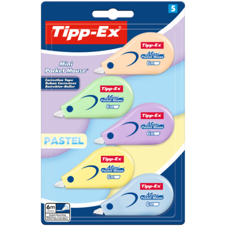 Lot de 5 rubans correcteurs Tipp-Ex Mini Pocket Mouse Pastel (5 mm x 6 m) - Résistants - Écriture instantanée