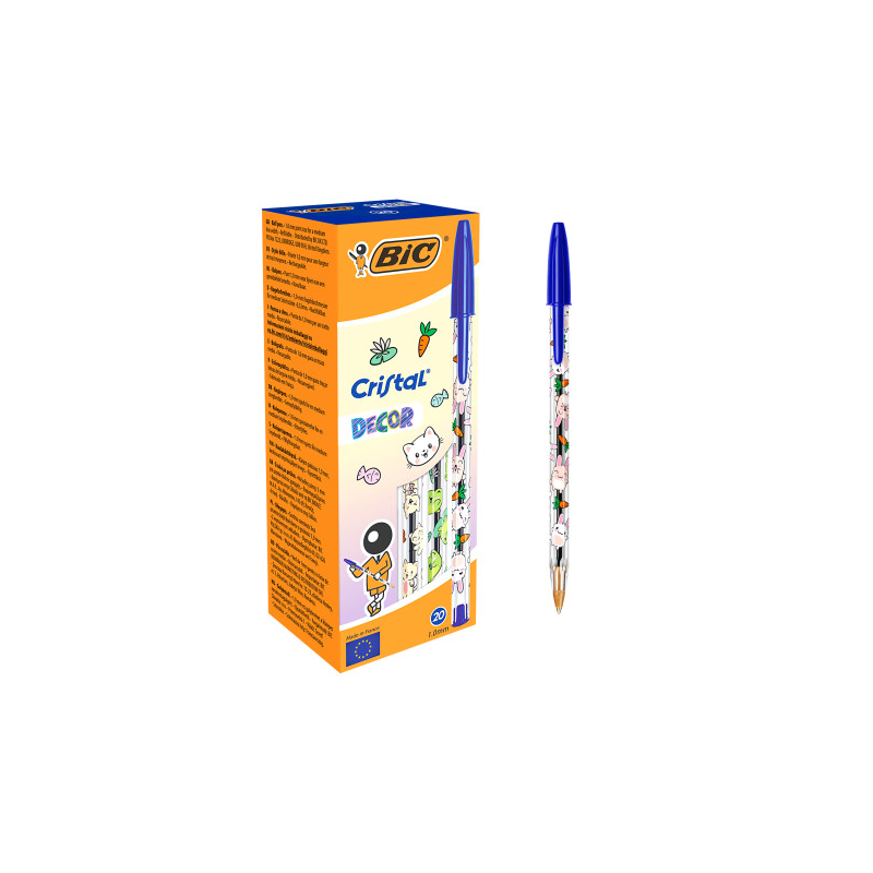 LOT de 20 Stylo bille Bic Cristal Decor Kawaii - Corps transparent avec décoration Kawaii - Pointe ronde de 1 mm - Largeur de tr