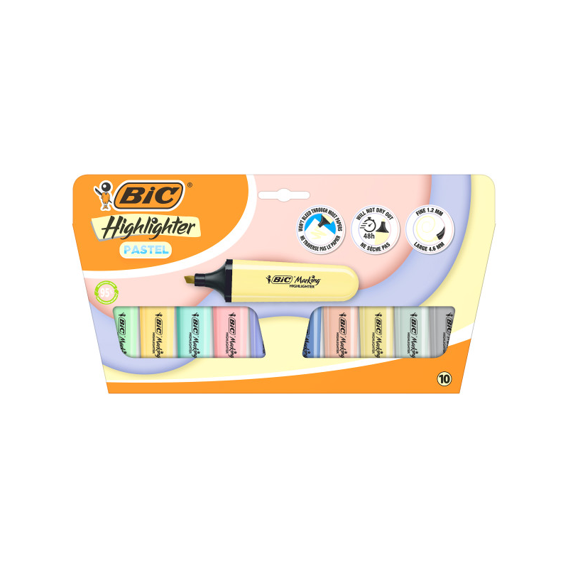 Lot de 10 marqueurs fluorescents Bic Marking Highlighter Flat Pastel - Pointe biseautée - Largeur de trait : 1,20 à 4,60 mm - En