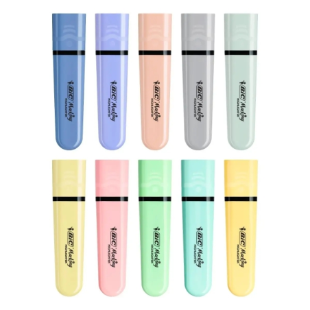 Lot de 10 marqueurs fluorescents Bic Marking Highlighter Flat Pastel - Pointe biseautée - Largeur de trait : 1,20 à 4,60 mm - En