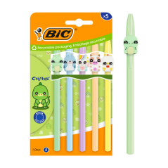 Lot de 5 stylos à bille Bic Cristal Pastel Figurines - Corps opaque aux couleurs pastel avec motifs d'animaux - Pointe ronde de