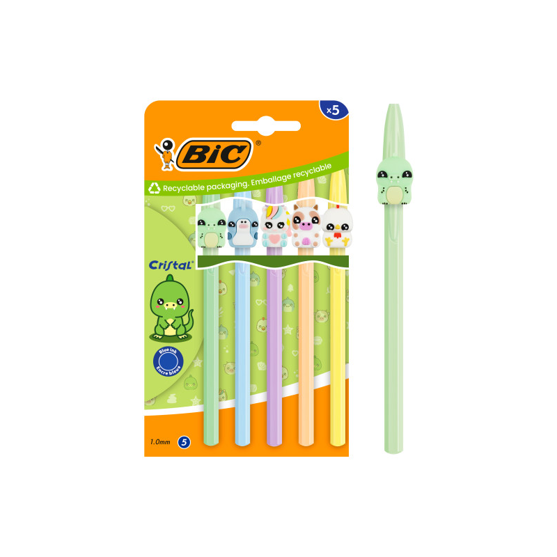 Lot de 5 stylos à bille Bic Cristal Pastel Figurines - Corps opaque aux couleurs pastel avec motifs d'animaux - Pointe ronde de
