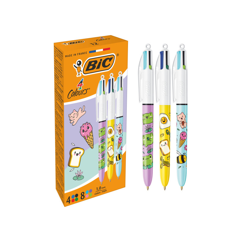 LOT de 12 Stylo bille rétractable Bic Décors Kawaii 4 Couleurs - Pointe moyenne 1,0 mm - Encre à base d'huile - Corps décoré Kaw
