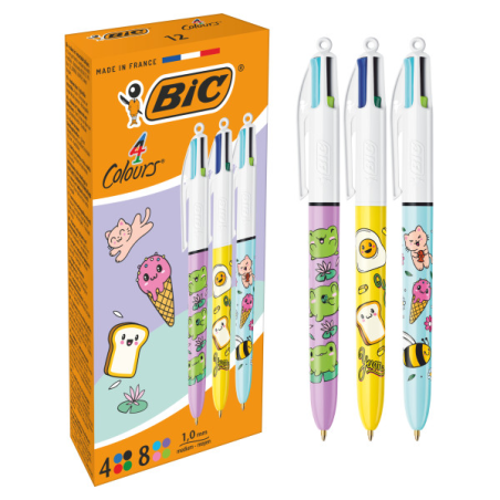 LOT de 12 Stylo bille rétractable Bic Décors Kawaii 4 Couleurs - Pointe moyenne 1,0 mm - Encre à base d'huile - Corps décoré Kaw