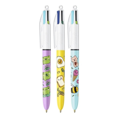 LOT de 12 Stylo bille rétractable Bic Décors Kawaii 4 Couleurs - Pointe moyenne 1,0 mm - Encre à base d'huile - Corps décoré Kaw