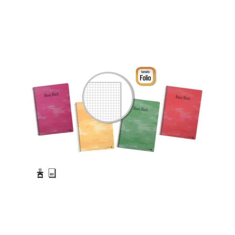 Lot de 10 cahiers à spirales dorés, 80 feuilles, 60 g/m², quadrillé, format folio, couverture plastifiée standard, couleurs asso