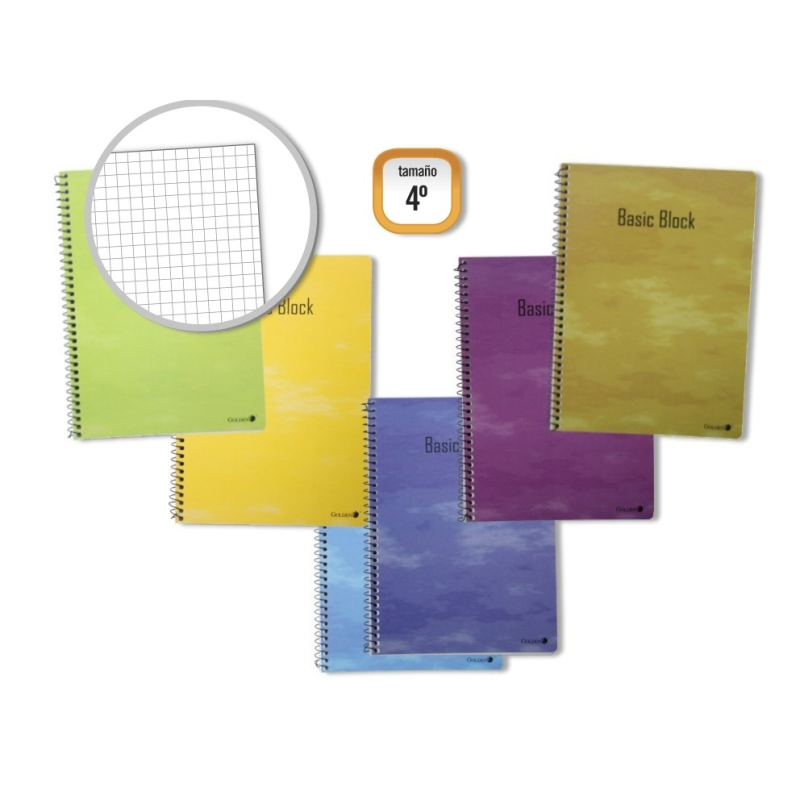 Lot de 10 cahiers à spirales dorés, 80 feuilles, 60 g/m², quadrillage 4°, couverture plastifiée standard, couleurs assorties